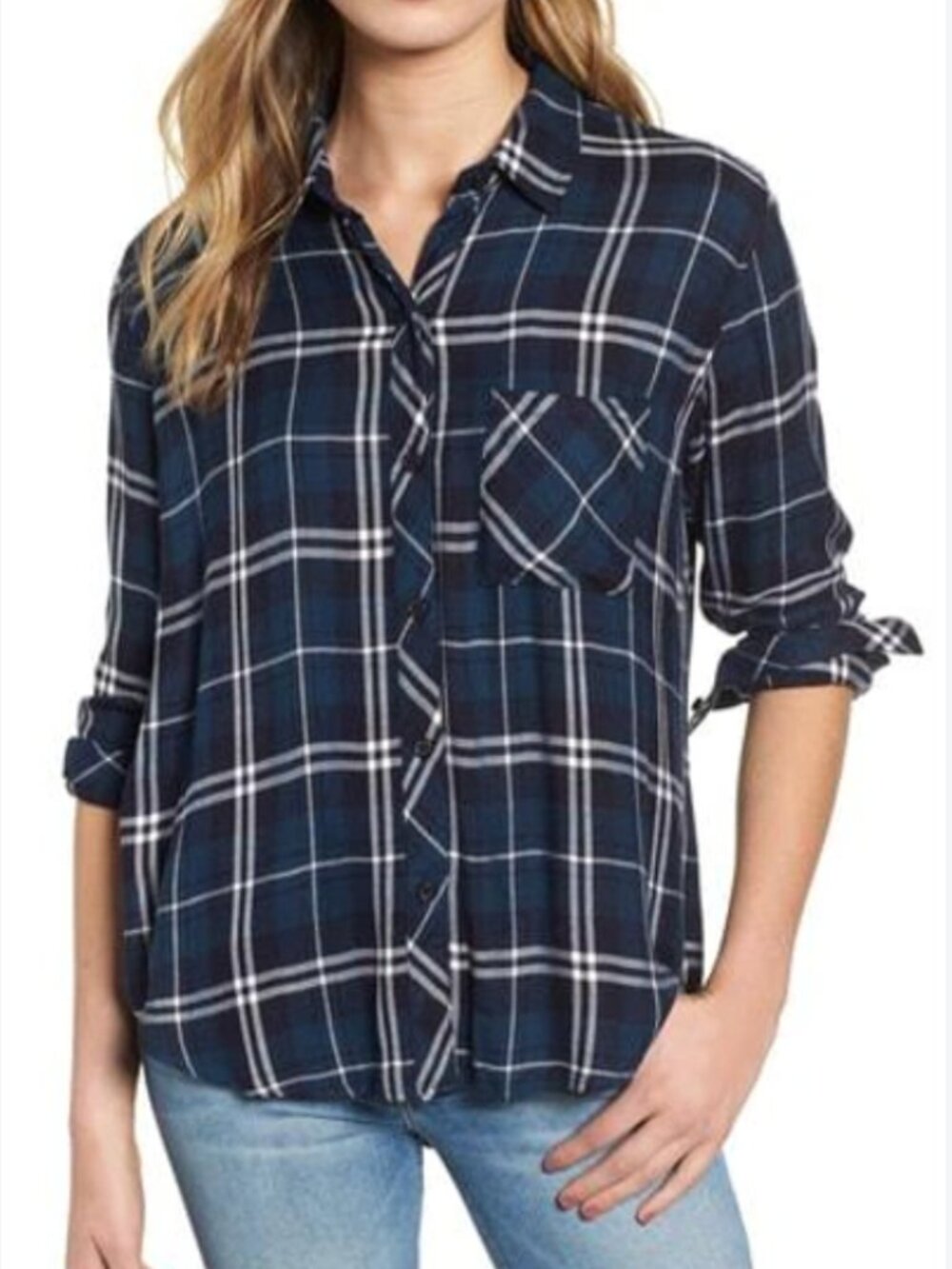 Rails Navy & Green Plaid Flannel Button-Up Shirt Women's size XS